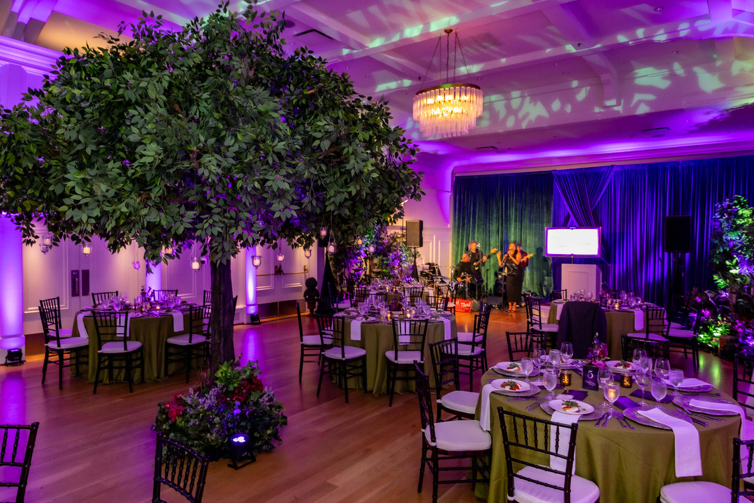 Corporate event space with large faux feature tree and ambient lighting