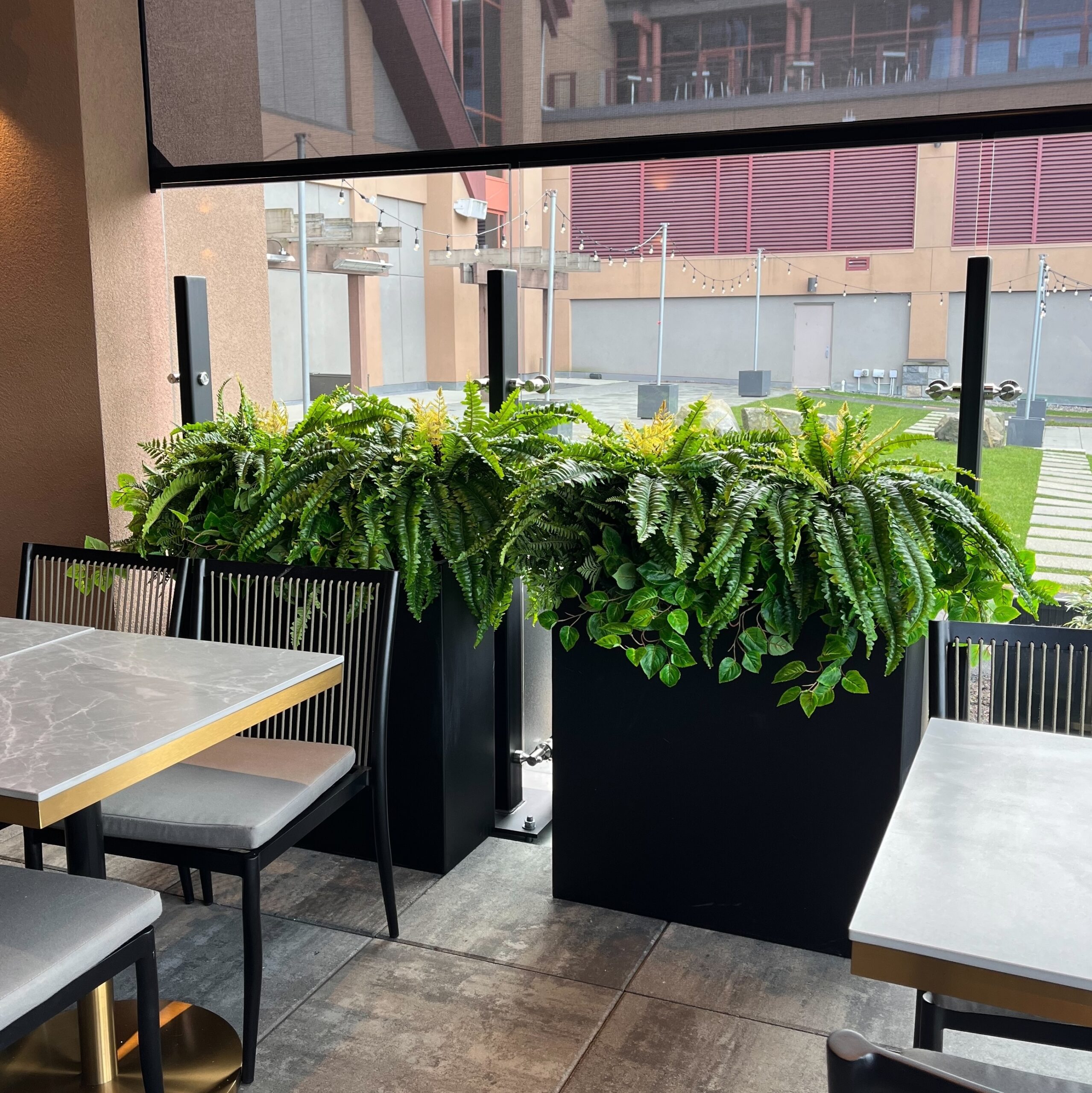 Faux potted ferns placed in planters along restaurant window seating with outdoor view