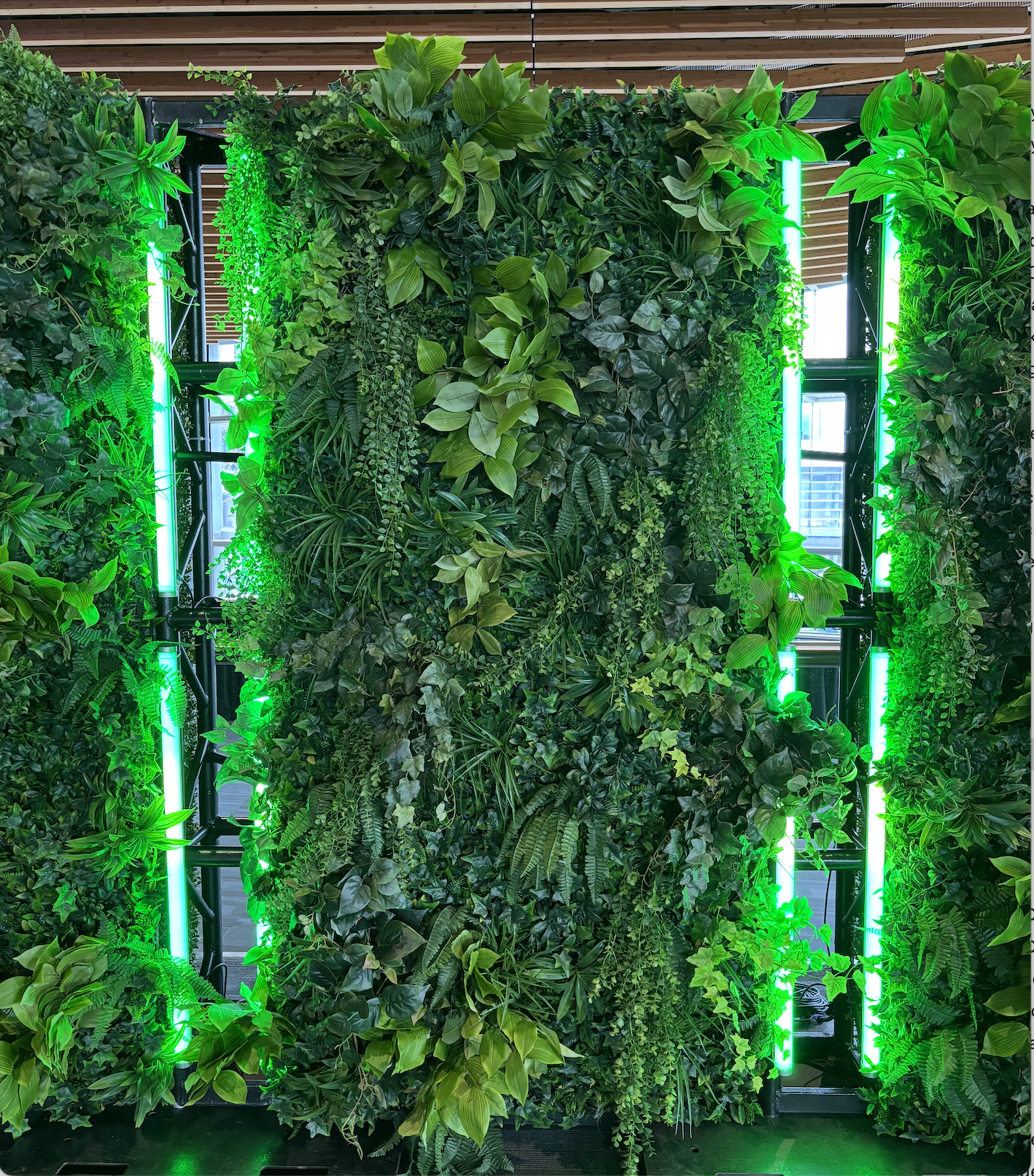 Greenery wall backdrop with vertical plants and lighting for corporate event