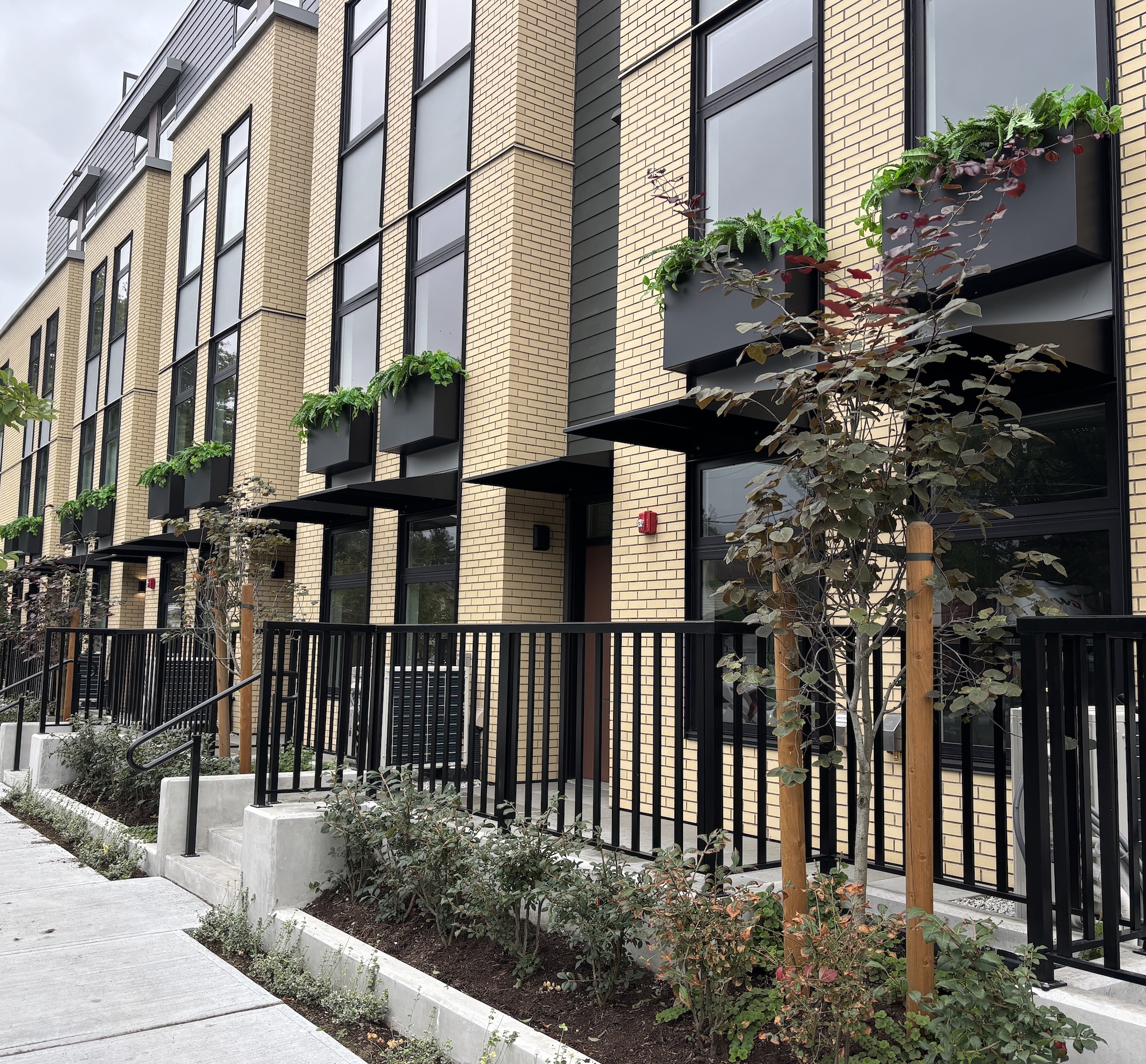 Black exterior window boxes filled with faux ferns and trailing greenery mounted along a multi-storey brick residential building.