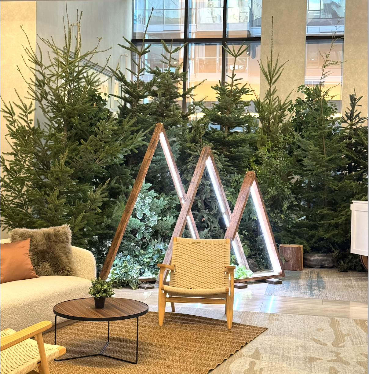 West coast lounge setup with evergreen trees and seating