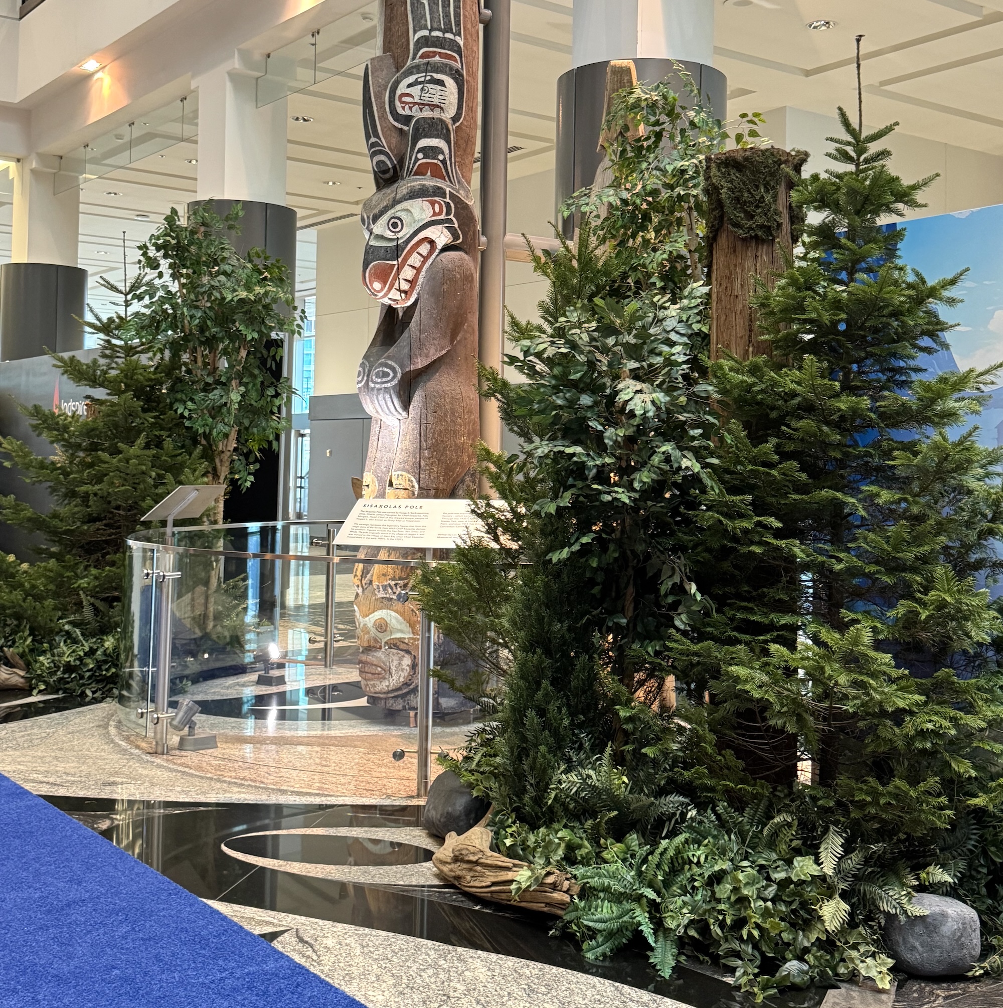 West coast forest display with evergreen trees in lobby setting