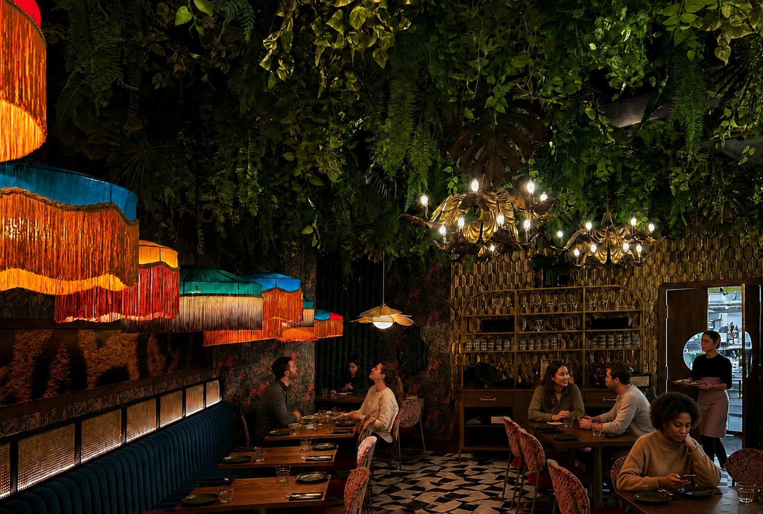 Restaurant dining room with artificial hanging greenery across the ceiling and colourful pendant lamps.