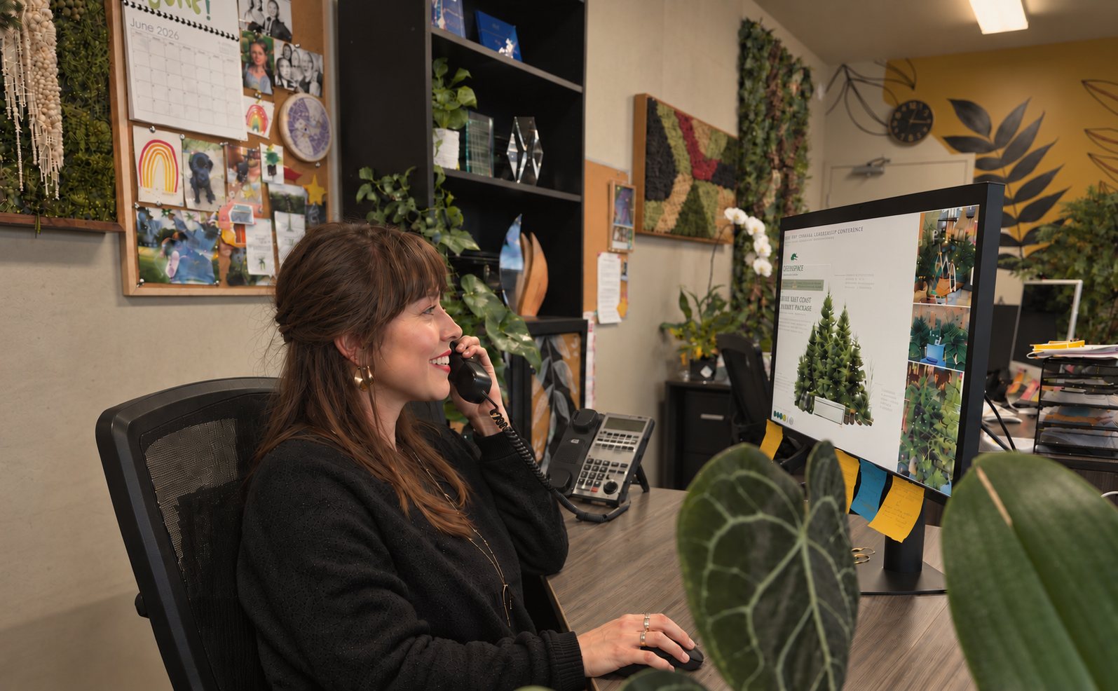 Greenscape team member on a video call showing plant options to a client from a plant-filled studio.