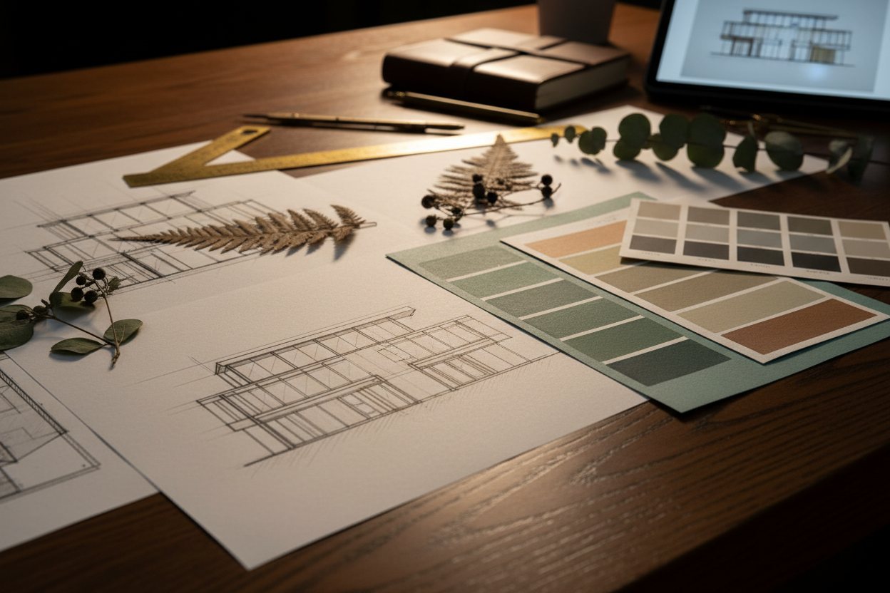 Design concept boards, sketches, and plant colour swatches laid out on a table.