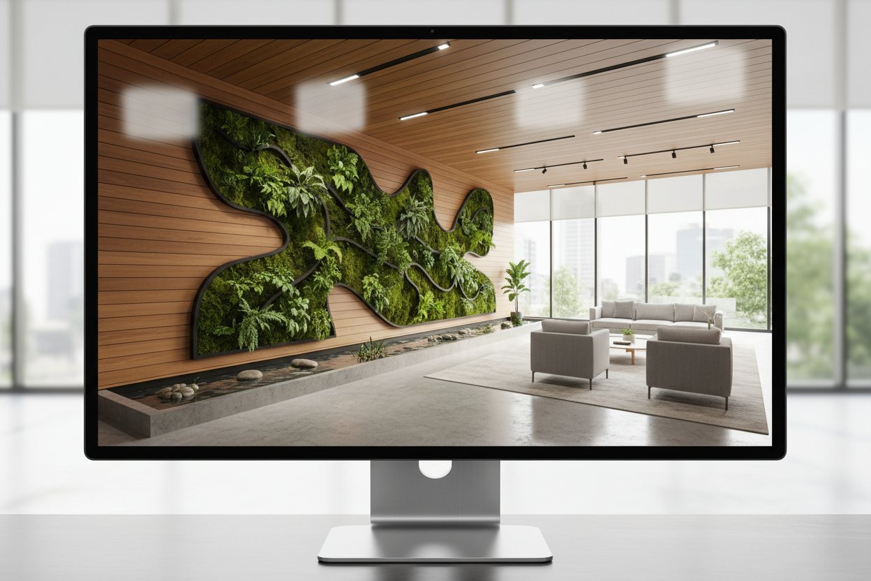 Rendered green wall design displayed on a monitor for client approval.