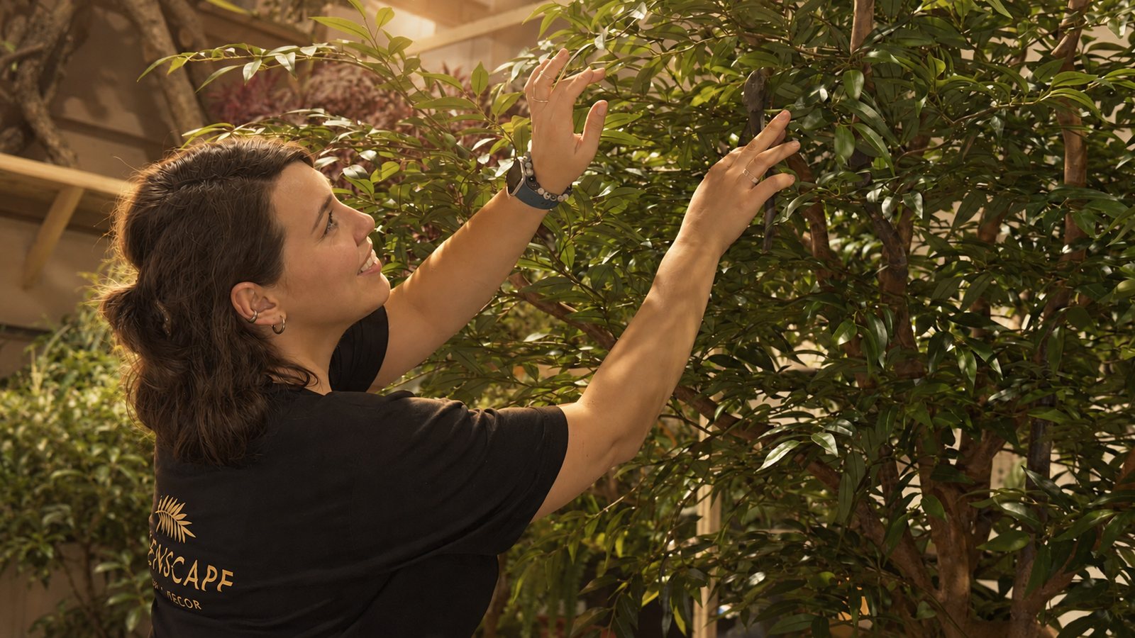 Greenscape fabrication workshop with artificial trees and a green wall under construction.