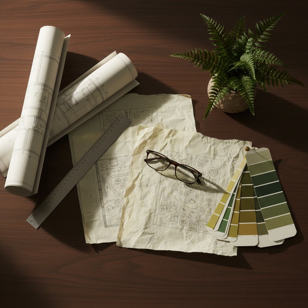 Rolled plans, a ruler, glasses, and paint swatches on a wooden desk.