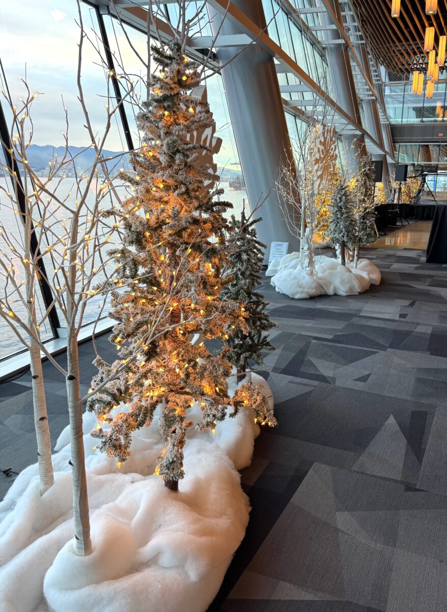 Christmas trees and bare birch branches strung with warm lights line a row of windows overlooking a waterfront and mountains